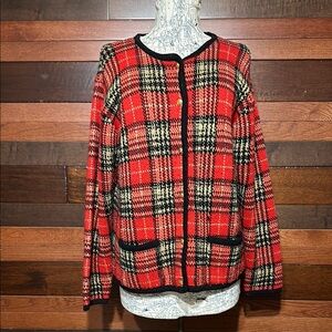 Vintage Crystal-Kobe Crew Neck Long Sleeve Red And Black Plaid Blazer